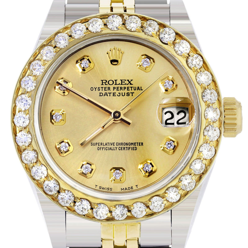 Womens Diamond Gold Rolex Watch | 1 Carat Bezel | 26Mm | Gold Dial | Jubilee Band