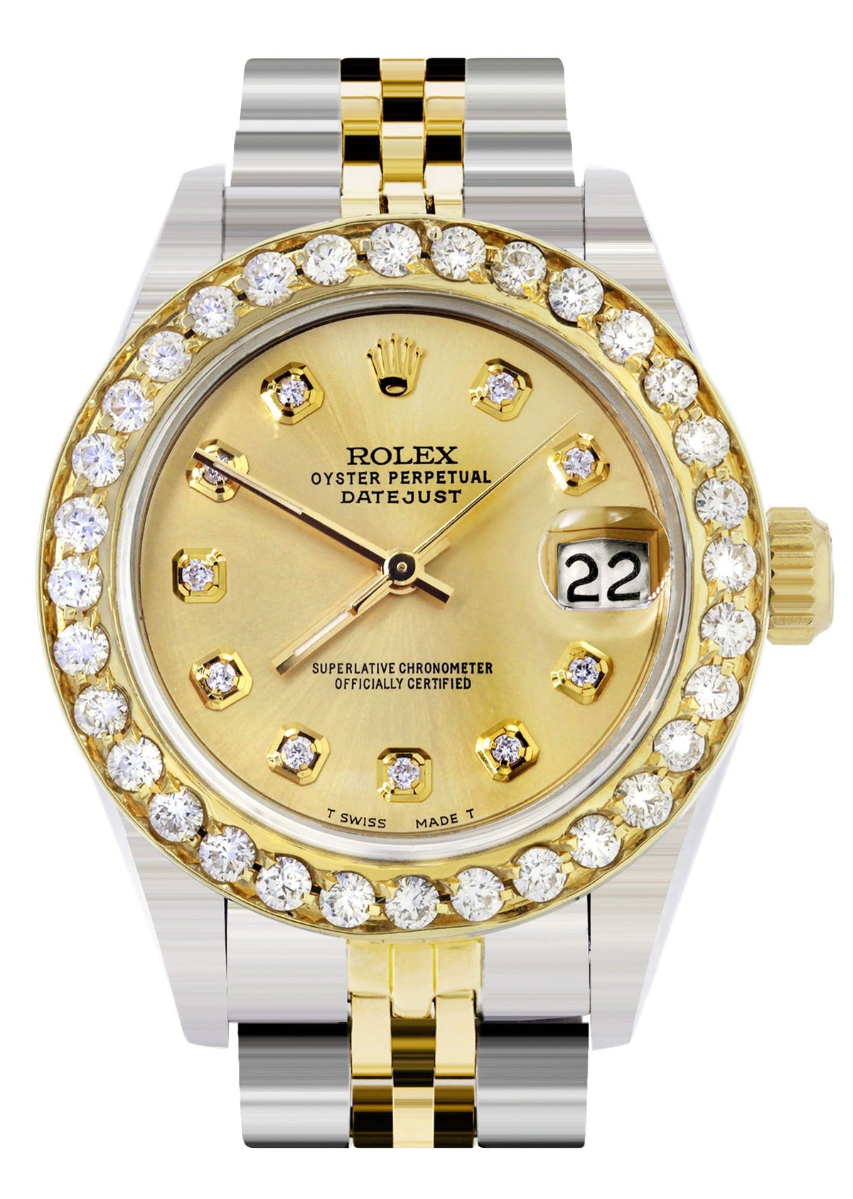 Womens Diamond Gold Rolex Watch | 1 Carat Bezel | 26Mm | Gold Dial | Jubilee Band