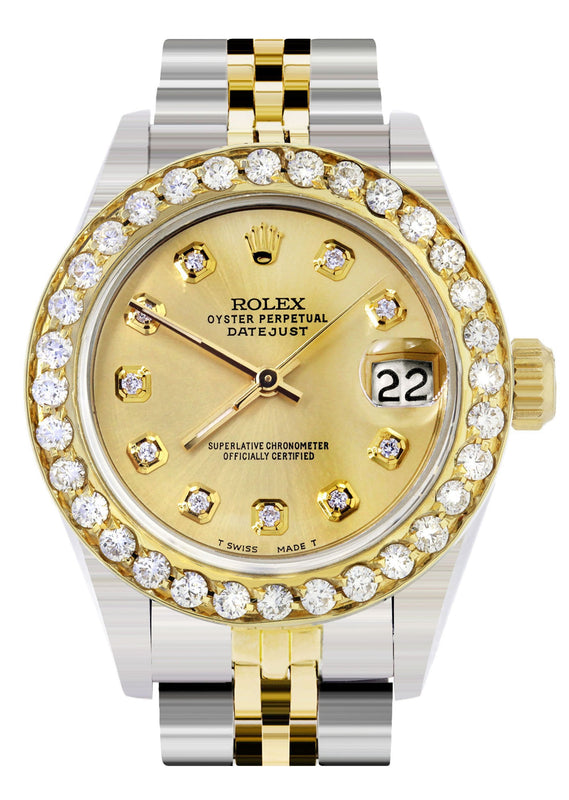 Womens Diamond Gold Rolex Watch | 1 Carat Bezel | 26Mm | Gold Dial | Jubilee Band