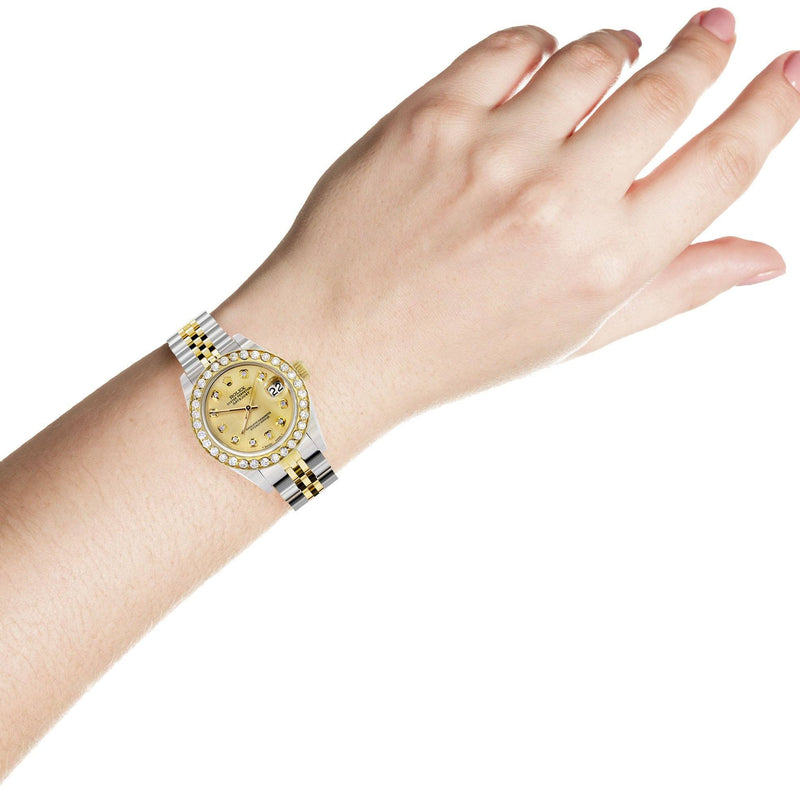 Womens Diamond Gold Rolex Watch | 1 Carat Bezel | 26Mm | Gold Dial | Jubilee Band