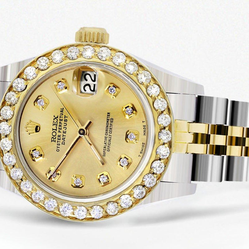 Womens Diamond Gold Rolex Watch | 1 Carat Bezel | 26Mm | Gold Dial | Jubilee Band