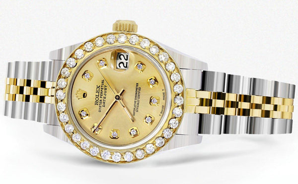 Womens Diamond Gold Rolex Watch | 1 Carat Bezel | 26Mm | Gold Dial | Jubilee Band