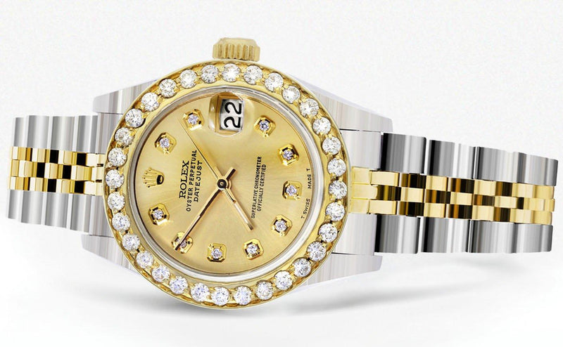 Womens Diamond Gold Rolex Watch | 1 Carat Bezel | 26Mm | Gold Dial | Jubilee Band