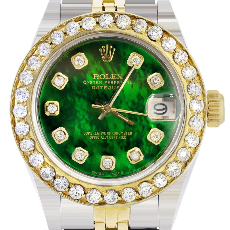 Womens Diamond Gold Rolex Watch | 1 Carat Bezel | 26Mm | Green Pearl Dial | Jubilee Band