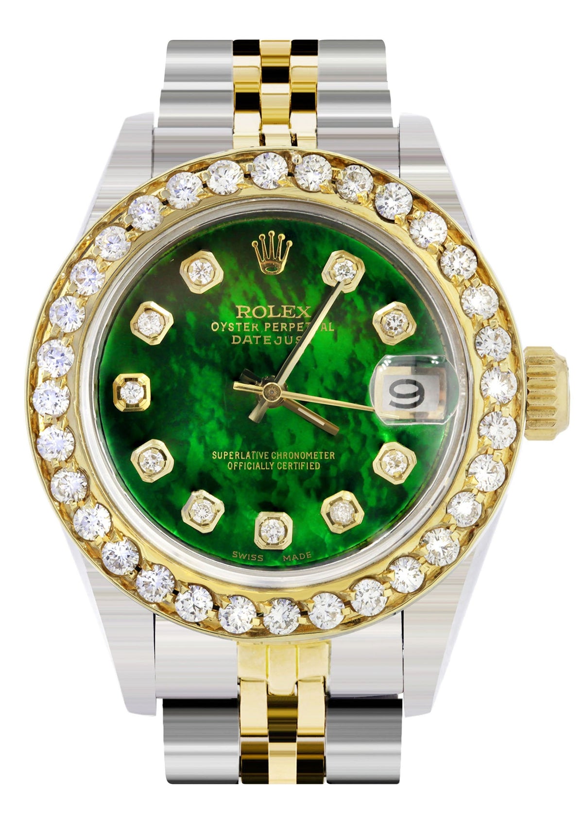 Womens Diamond Gold Rolex Watch | 1 Carat Bezel | 26Mm | Green Pearl Dial | Jubilee Band