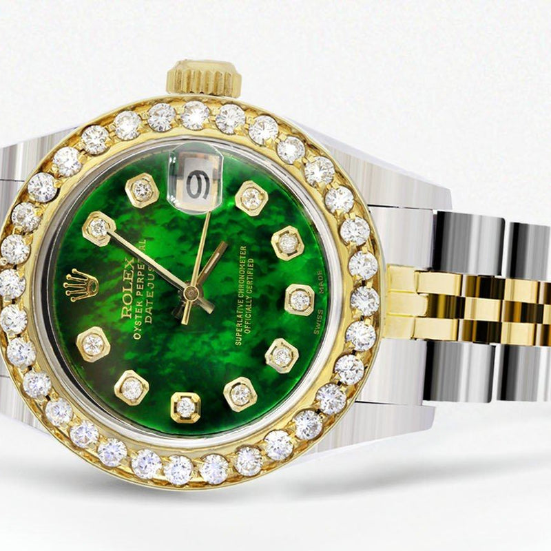 Womens Diamond Gold Rolex Watch | 1 Carat Bezel | 26Mm | Green Pearl Dial | Jubilee Band