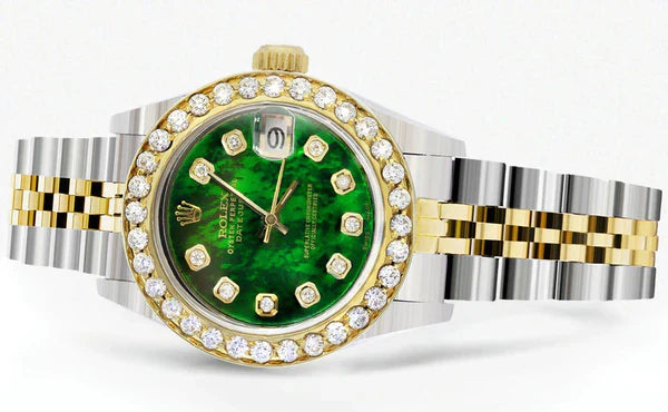 Diamond Rolex Datejust Gold Watch for Women | 1 Carat Bezel | 26MM | Green Pearl Diamond Dial | Jubilee Band
