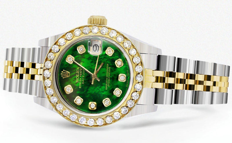 Womens Diamond Gold Rolex Watch | 1 Carat Bezel | 26Mm | Green Pearl Dial | Jubilee Band