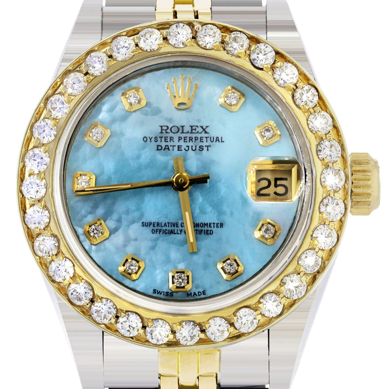 Womens Diamond Gold Rolex Watch | 1 Carat Bezel | 26Mm | Blue Pearl Dial | Jubilee Band