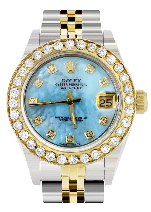 Diamond Rolex Datejust Gold Watch for Women | 1 Carat Bezel | 26MM | Blue Pearl Diamond Dial | Jubilee Band