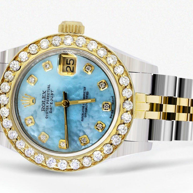 Womens Diamond Gold Rolex Watch | 1 Carat Bezel | 26Mm | Blue Pearl Dial | Jubilee Band