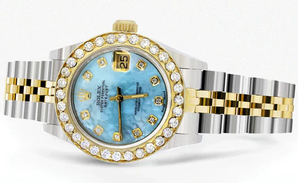 Diamond Rolex Datejust Gold Watch for Women | 1 Carat Bezel | 26MM | Blue Pearl Diamond Dial | Jubilee Band