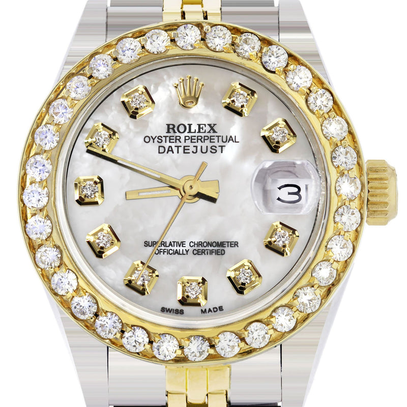 Womens Diamond Gold Rolex Watch | 1 Carat Bezel | 26Mm | Mother of Pearl Dial | Jubilee Band