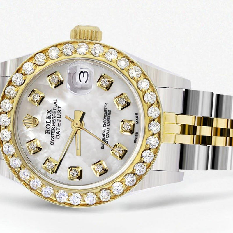 Womens Diamond Gold Rolex Watch | 1 Carat Bezel | 26Mm | Mother of Pearl Dial | Jubilee Band