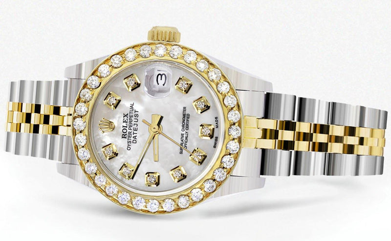 Womens Diamond Gold Rolex Watch | 1 Carat Bezel | 26Mm | Mother of Pearl Dial | Jubilee Band