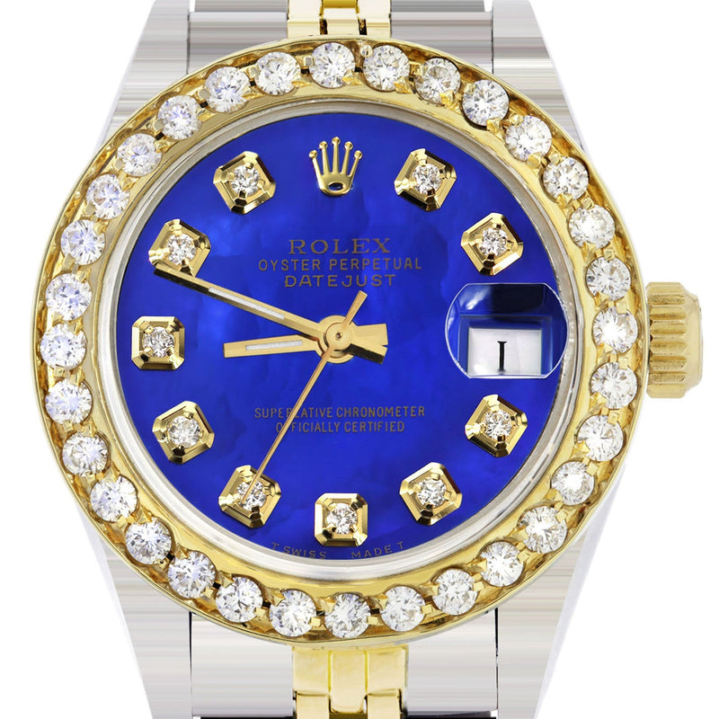 Womens Diamond Gold Rolex Watch | 1 Carat Bezel | 26Mm | Royal Blue Pearl Dial | Jubilee Band