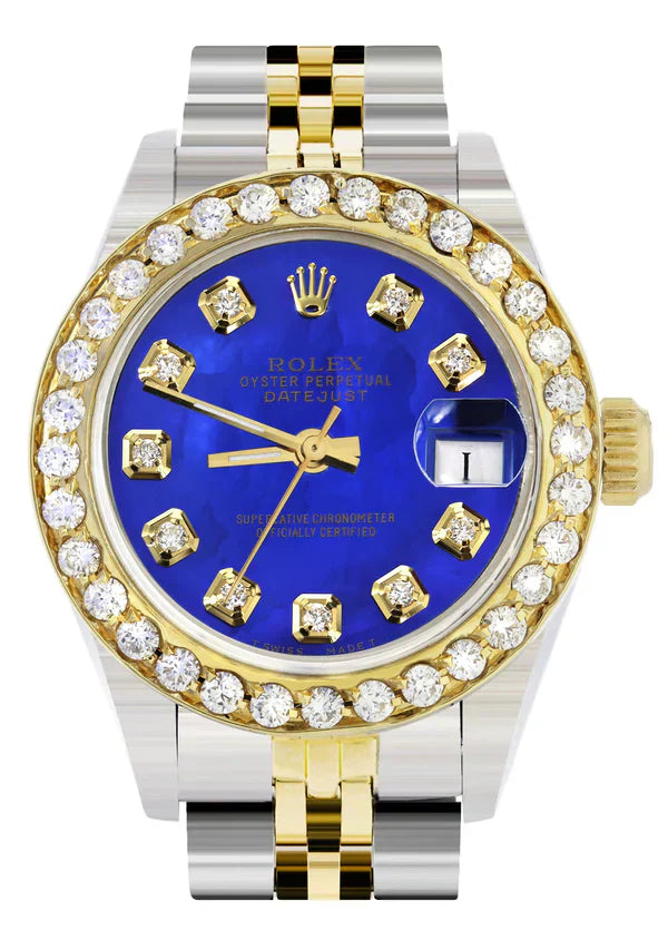 Diamond Rolex Datejust Gold Watch for Women | 1 Carat Bezel | 26MM | Royal Blue Dial | Jubilee Band
