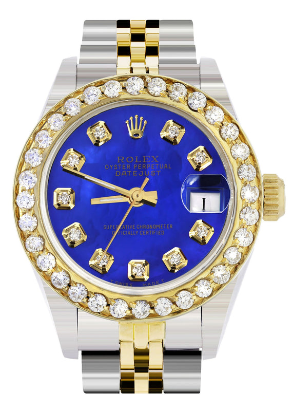 Womens Diamond Gold Rolex Watch | 1 Carat Bezel | 26Mm | Royal Blue Pearl Dial | Jubilee Band
