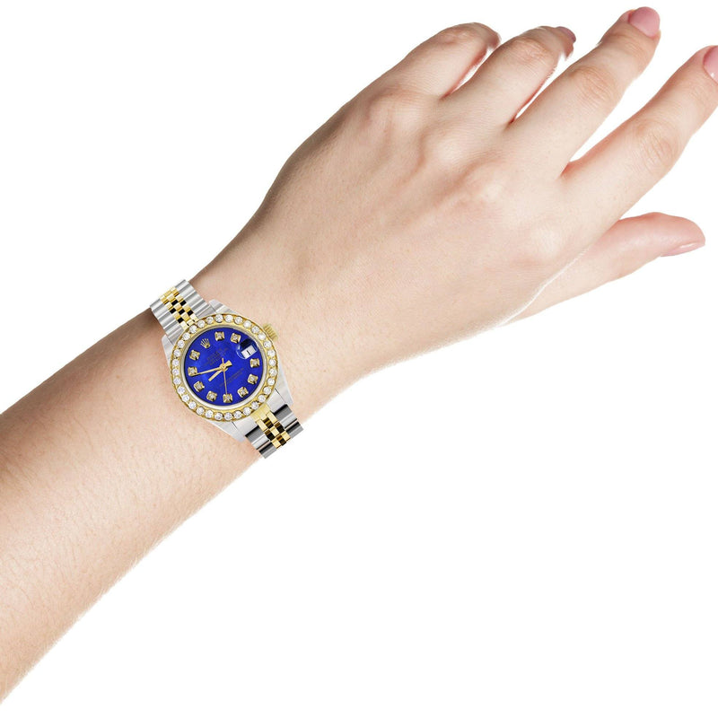 Womens Diamond Gold Rolex Watch | 1 Carat Bezel | 26Mm | Royal Blue Pearl Dial | Jubilee Band
