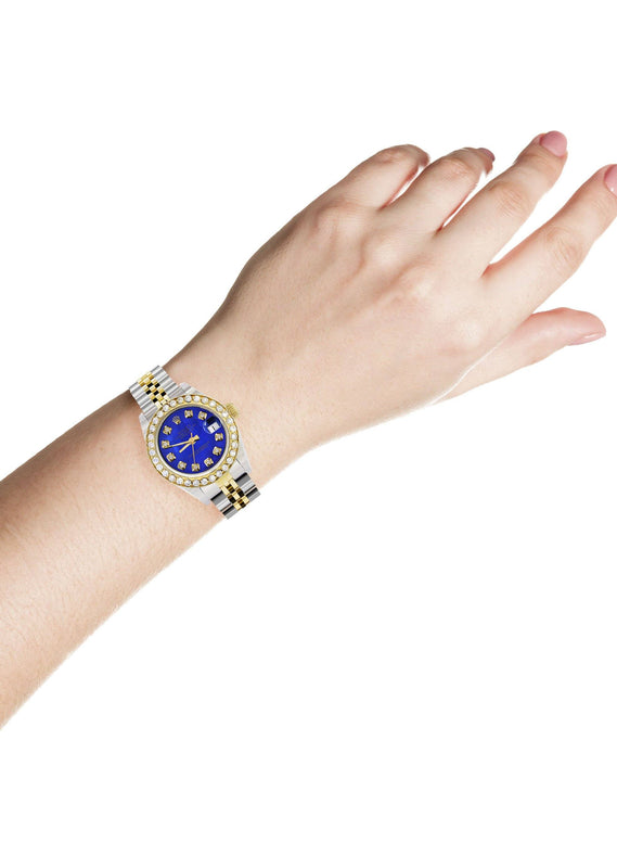 Womens Diamond Gold Rolex Watch | 1 Carat Bezel | 26Mm | Royal Blue Pearl Dial | Jubilee Band