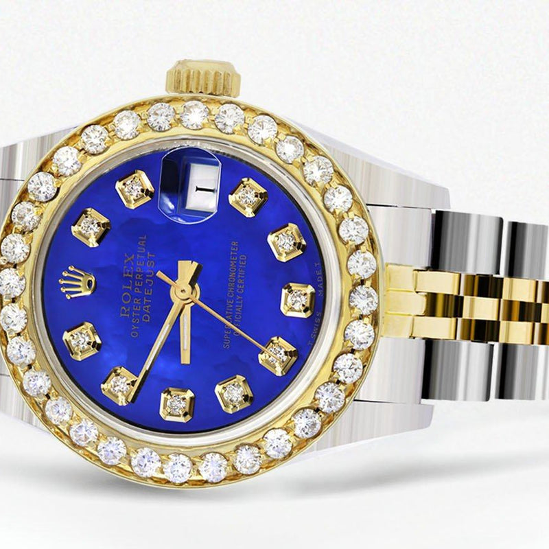 Womens Diamond Gold Rolex Watch | 1 Carat Bezel | 26Mm | Royal Blue Pearl Dial | Jubilee Band