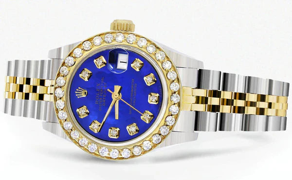 Diamond Rolex Datejust Gold Watch for Women | 1 Carat Bezel | 26MM | Royal Blue Dial | Jubilee Band