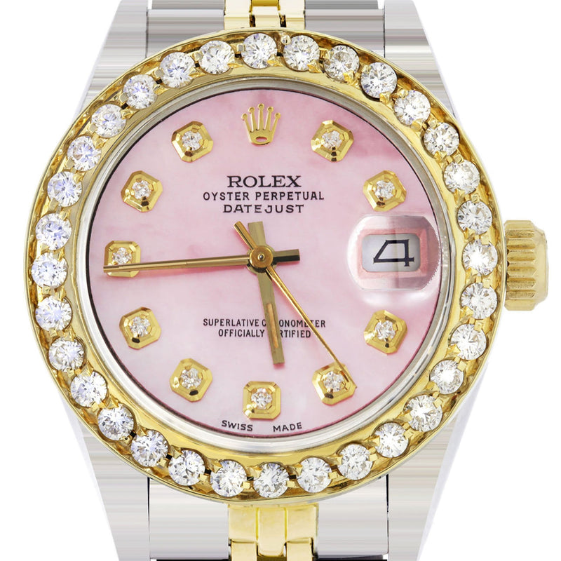 Womens Diamond Gold Rolex Watch | 1 Carat Bezel | 26Mm | Light Pink Pearl Dial | Jubilee Band