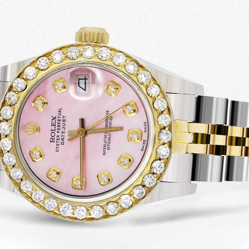 Womens Diamond Gold Rolex Watch | 1 Carat Bezel | 26Mm | Light Pink Pearl Dial | Jubilee Band