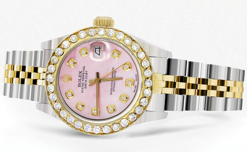 Womens Diamond Gold Rolex Watch | 1 Carat Bezel | 26Mm | Light Pink Pearl Dial | Jubilee Band