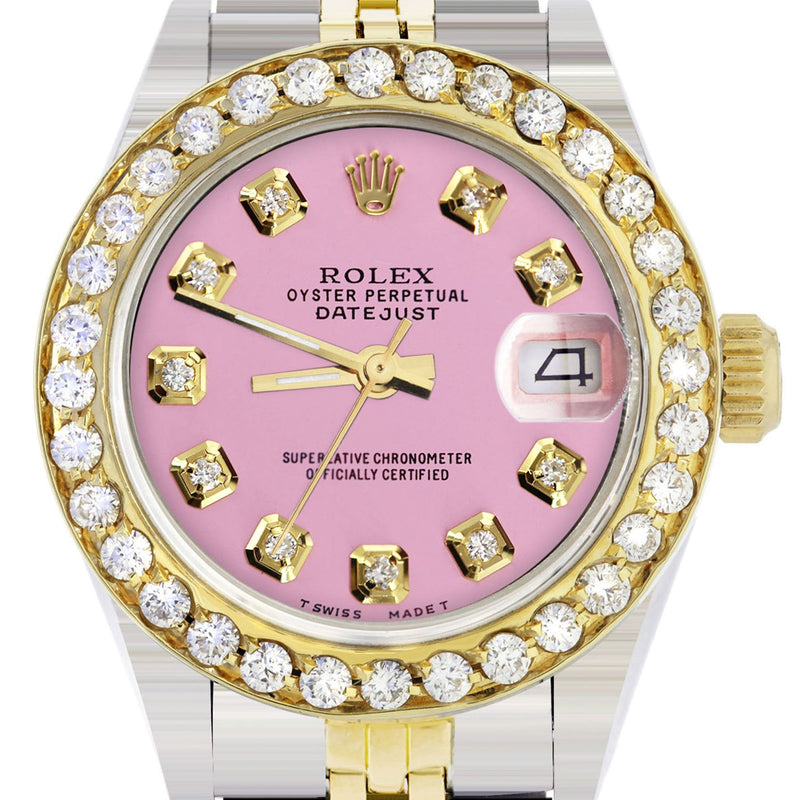 Womens Diamond Gold Rolex Watch | 1 Carat Bezel | 26Mm | Pink Dial | Jubilee Band