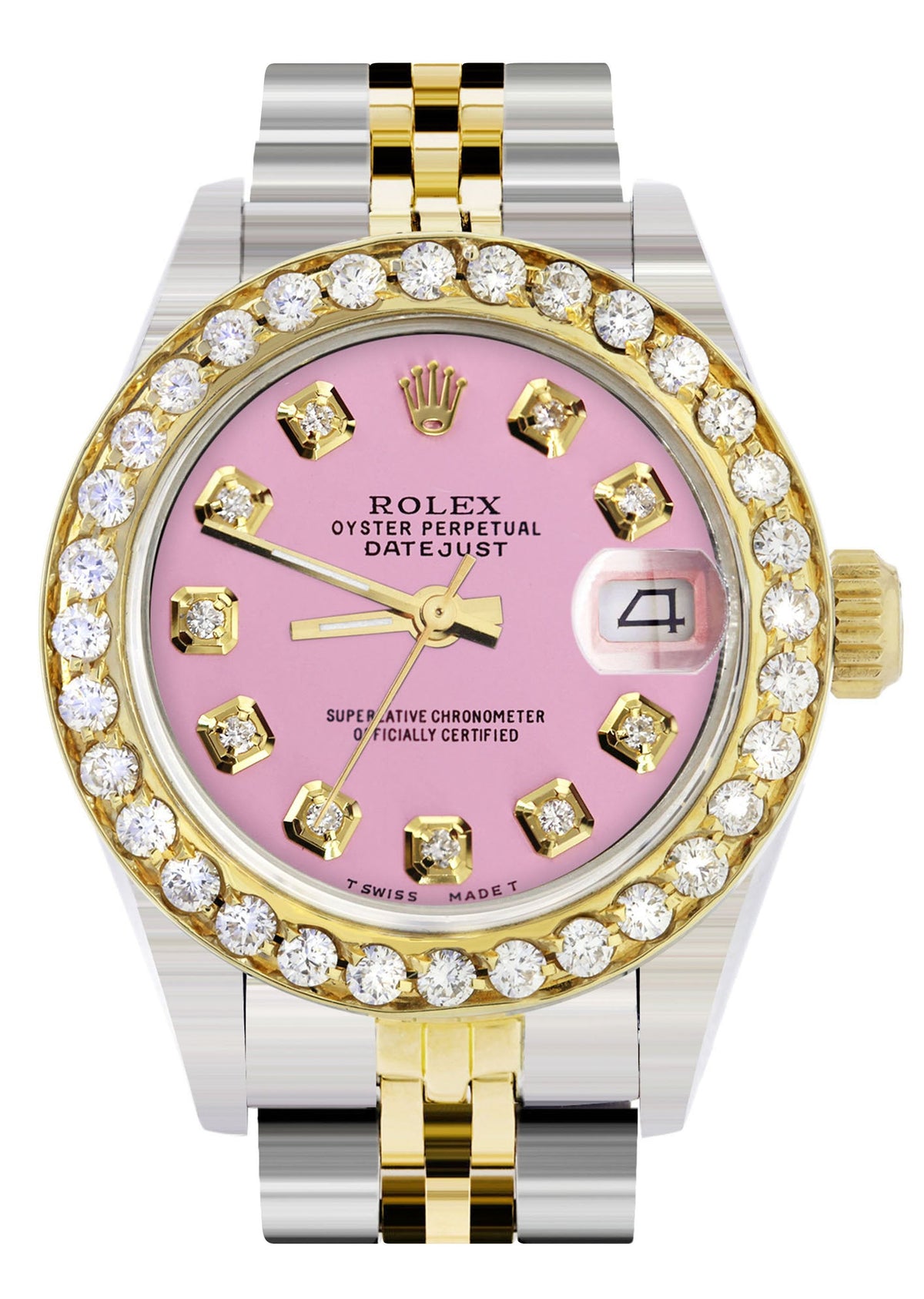 Womens Diamond Gold Rolex Watch | 1 Carat Bezel | 26Mm | Pink Dial | Jubilee Band