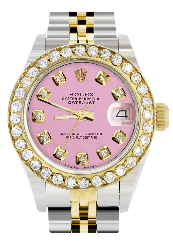 Diamond Rolex Datejust Gold Watch for Women | 1 Carat Bezel | 26MM | Pink Dial | Jubilee Band