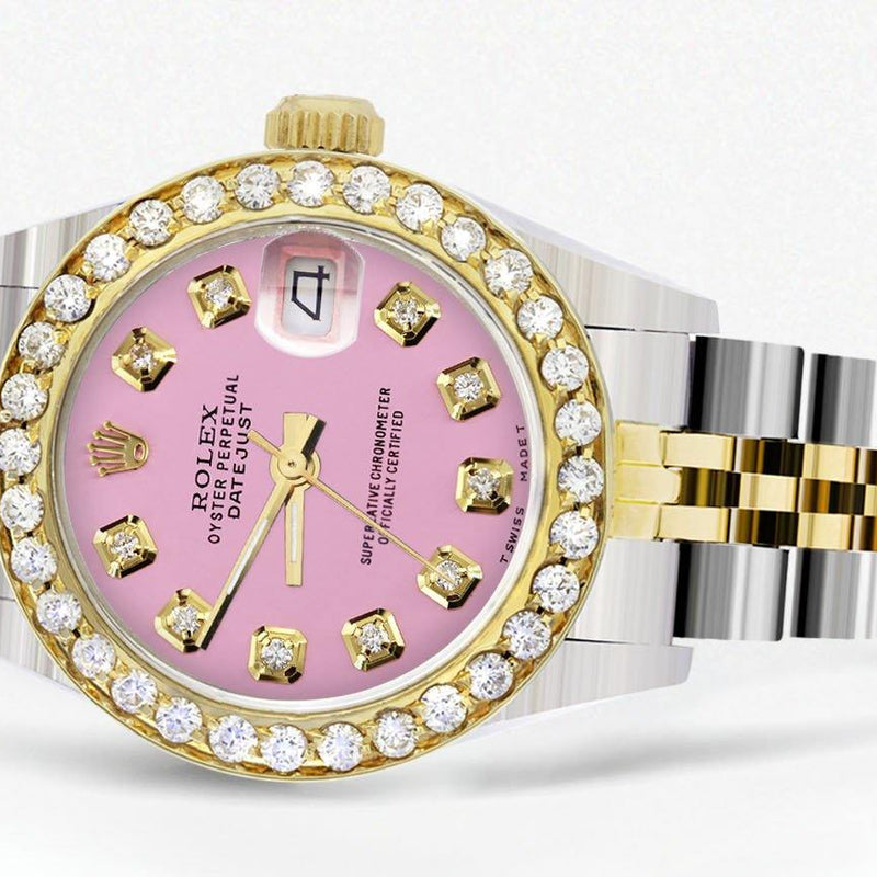 Womens Diamond Gold Rolex Watch | 1 Carat Bezel | 26Mm | Pink Dial | Jubilee Band