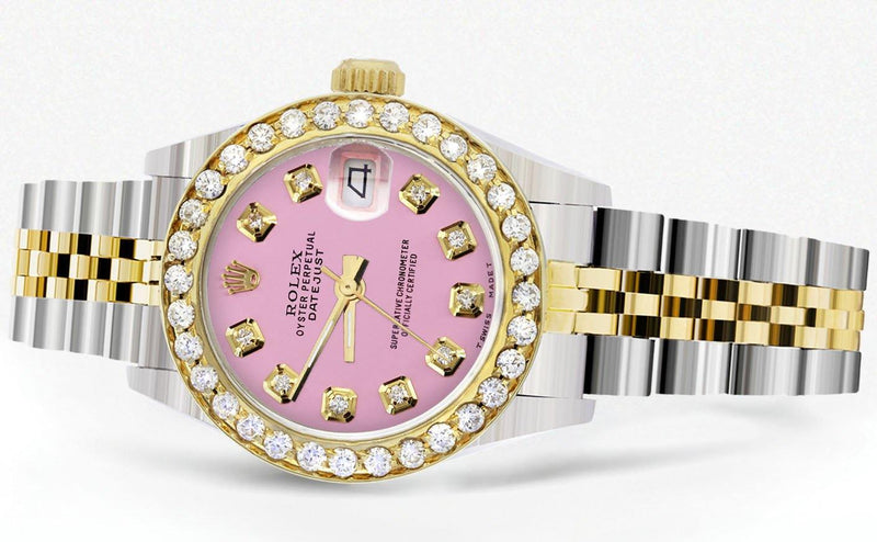 Womens Diamond Gold Rolex Watch | 1 Carat Bezel | 26Mm | Pink Dial | Jubilee Band