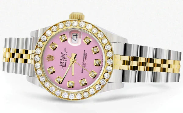 Diamond Rolex Datejust Gold Watch for Women | 1 Carat Bezel | 26MM | Pink Dial | Jubilee Band
