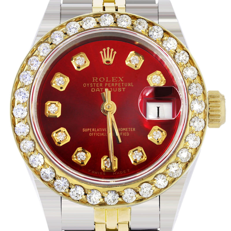 Womens Diamond Gold Rolex Watch | 1 Carat Bezel | 26Mm | Red Pearl Dial | Jubilee Band