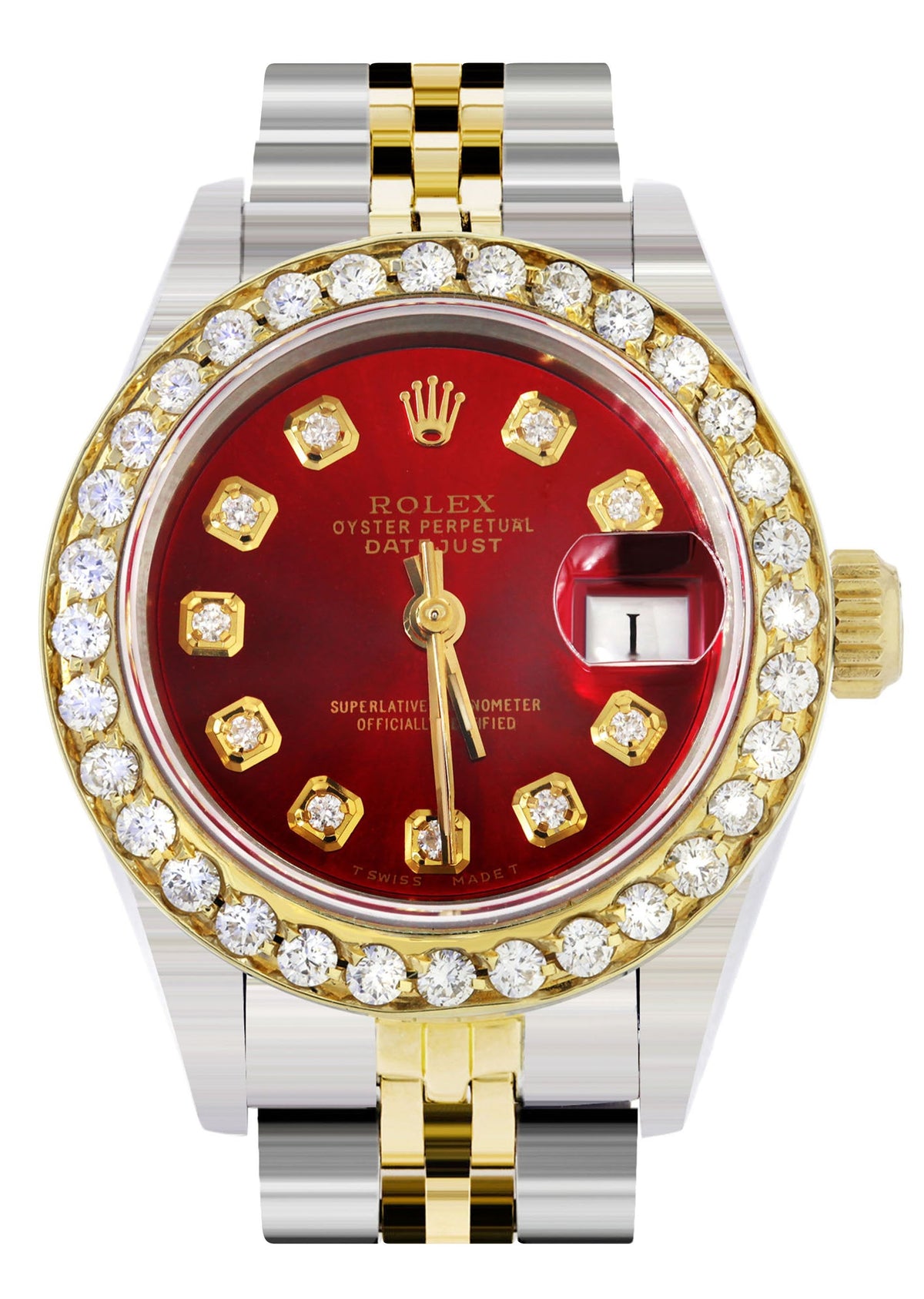 Womens Diamond Gold Rolex Watch | 1 Carat Bezel | 26Mm | Red Pearl Dial | Jubilee Band