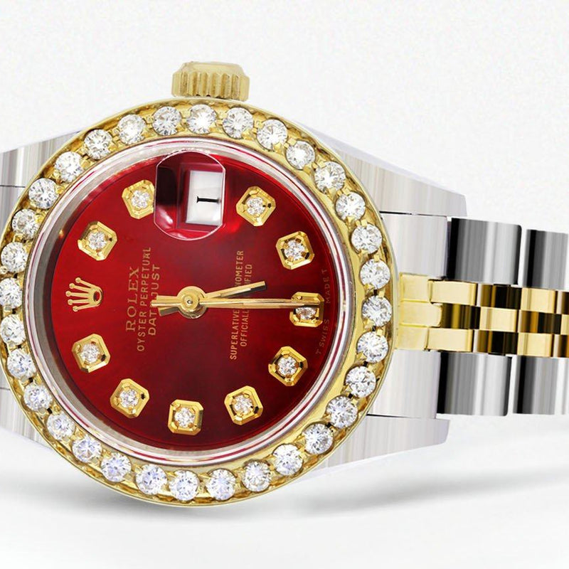 Womens Diamond Gold Rolex Watch | 1 Carat Bezel | 26Mm | Red Pearl Dial | Jubilee Band