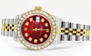 Womens Diamond Gold Rolex Watch | 1 Carat Bezel | 26Mm | Red Pearl Dial | Jubilee Band