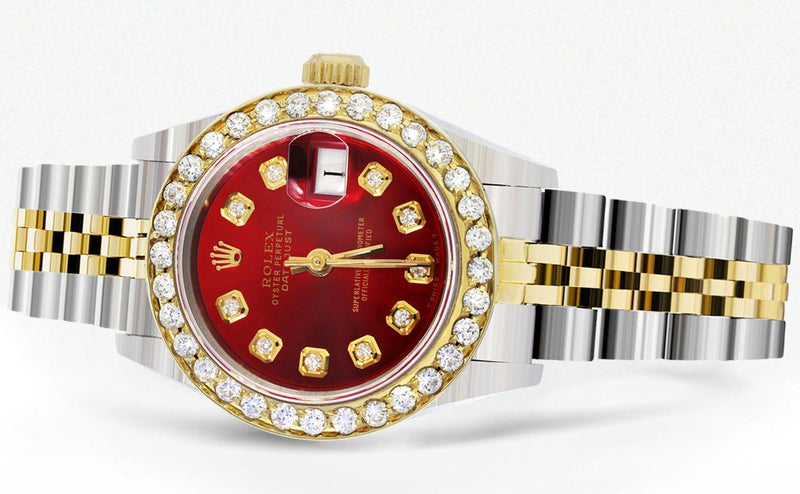 Womens Diamond Gold Rolex Watch | 1 Carat Bezel | 26Mm | Red Pearl Dial | Jubilee Band