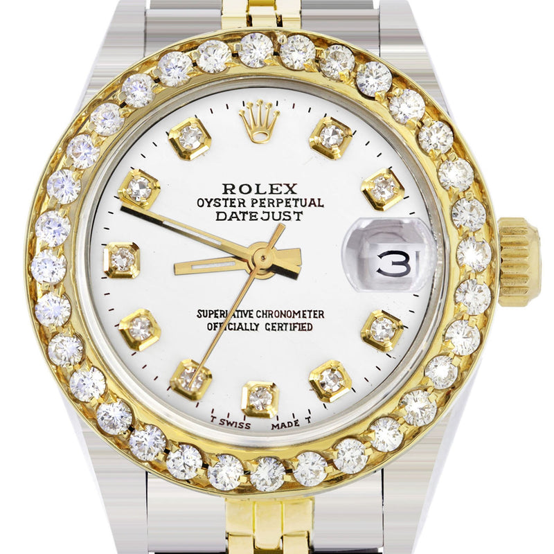 Womens Diamond Gold Rolex Watch | 1 Carat Bezel | 26Mm | White Dial | Jubilee Band