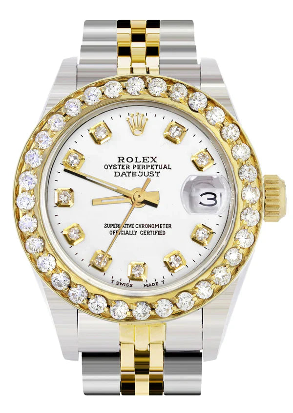 Diamond Rolex Datejust Watch for Women | 1 Carat Bezel | 26MM | White Dial | Jubilee Band