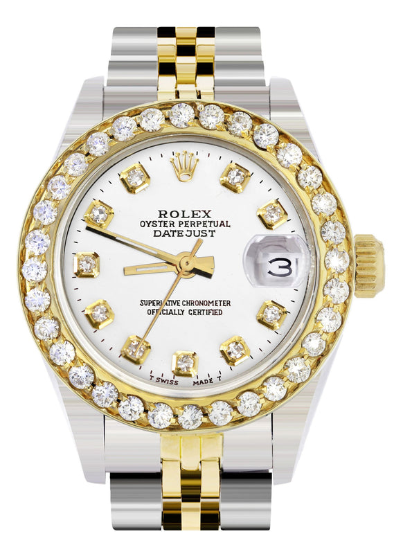 Womens Diamond Gold Rolex Watch | 1 Carat Bezel | 26Mm | White Dial | Jubilee Band