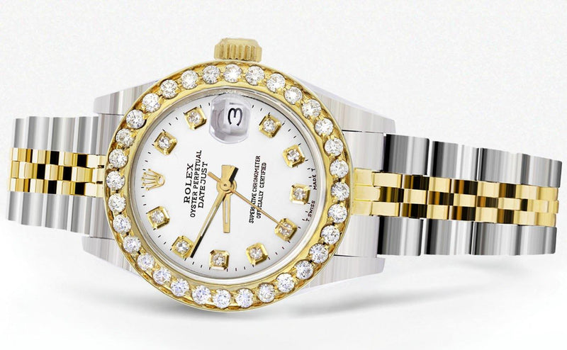 Womens Diamond Gold Rolex Watch | 1 Carat Bezel | 26Mm | White Dial | Jubilee Band