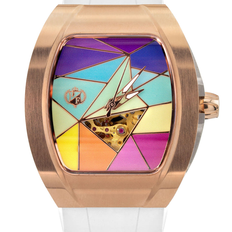 Frost NYC Evolution Women's Watch - Automatic Skeleton Rainbow Rose Triangle | WFRST-01-TD-R White Band | Pre - Sale