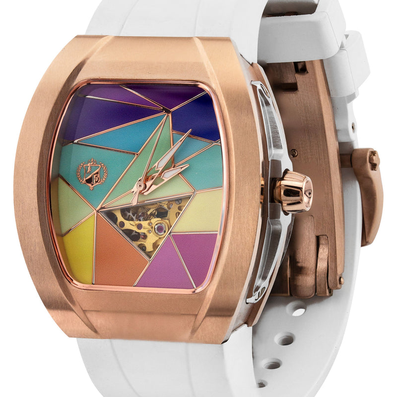 Frost NYC Evolution Women's Watch - Automatic Skeleton Rainbow Rose Triangle | WFRST-01-TD-R White Band | Pre - Sale