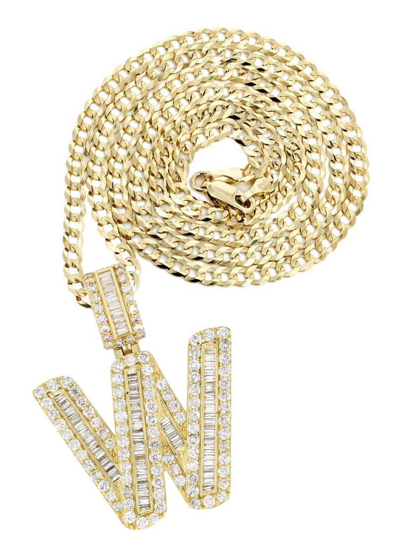 Yellow Gold Letter "W" Baguette Diamond Necklace | 3.3 Carats