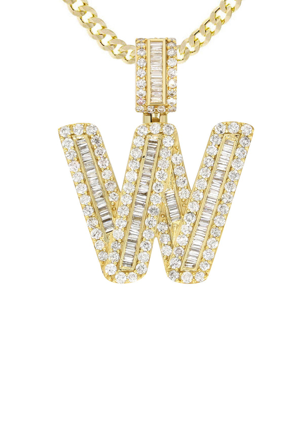Yellow Gold Letter "W" Baguette Diamond Necklace | 3.3 Carats