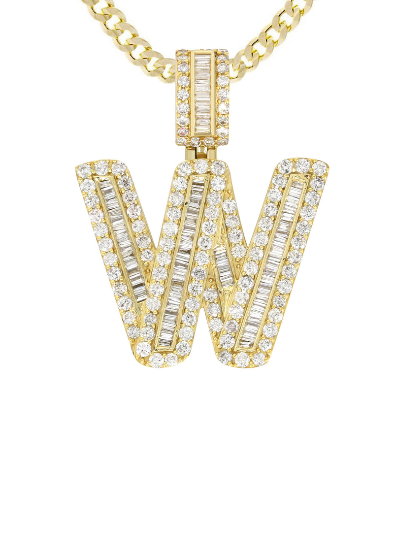 Yellow Gold Letter "W" Baguette Diamond Necklace | 3.3 Carats