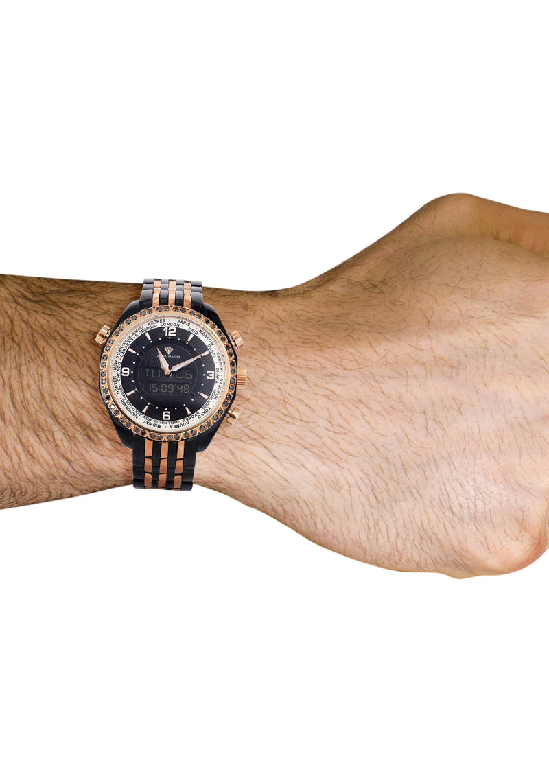 Mens Black & Rose Gold Tone Diamond Watch | Appx. 1.5 Carats